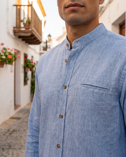 Camisa Chambray Celeste Mandarín