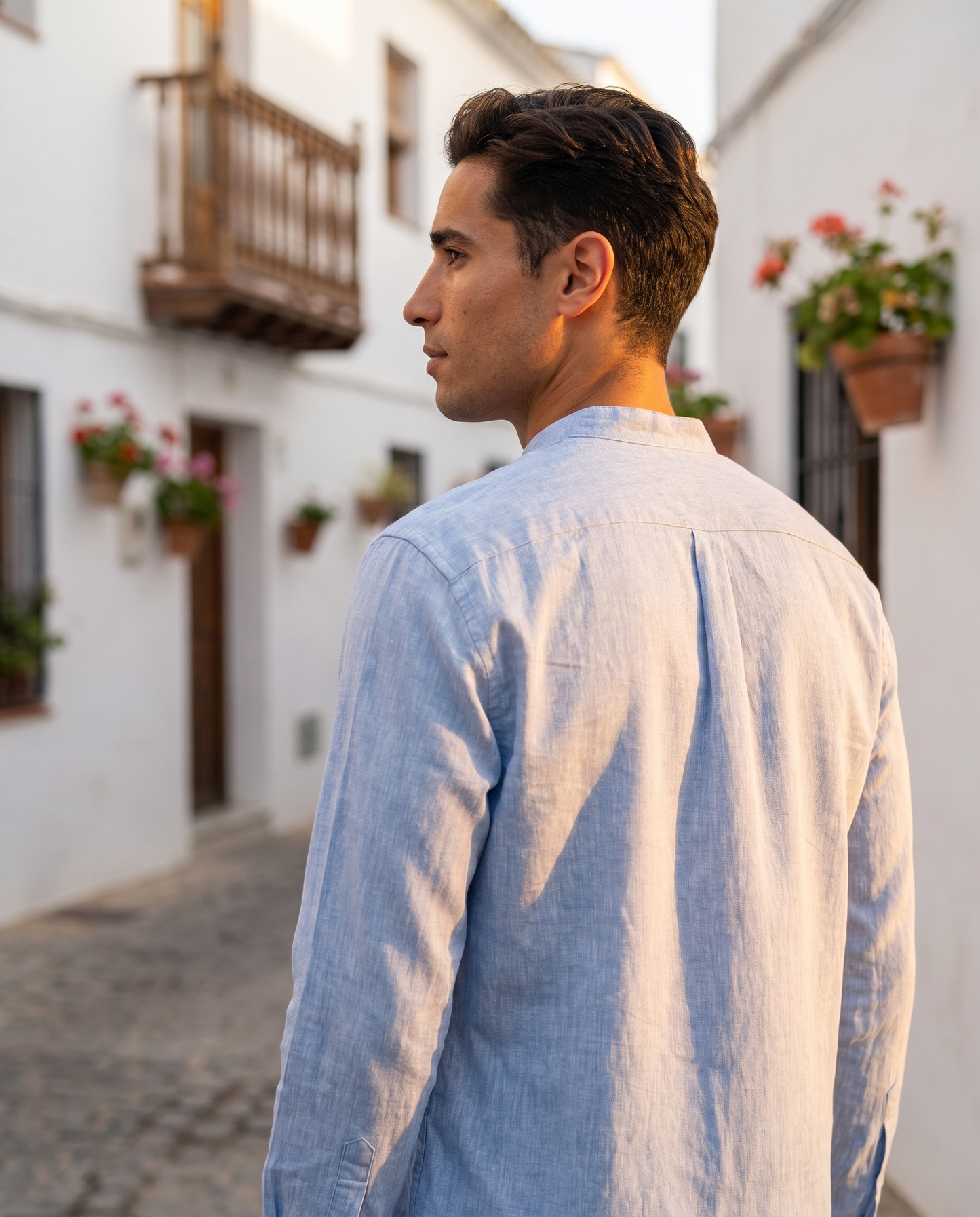 Camisa Chambray Celeste Mandarín