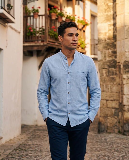 Camisa Chambray Celeste Mandarín