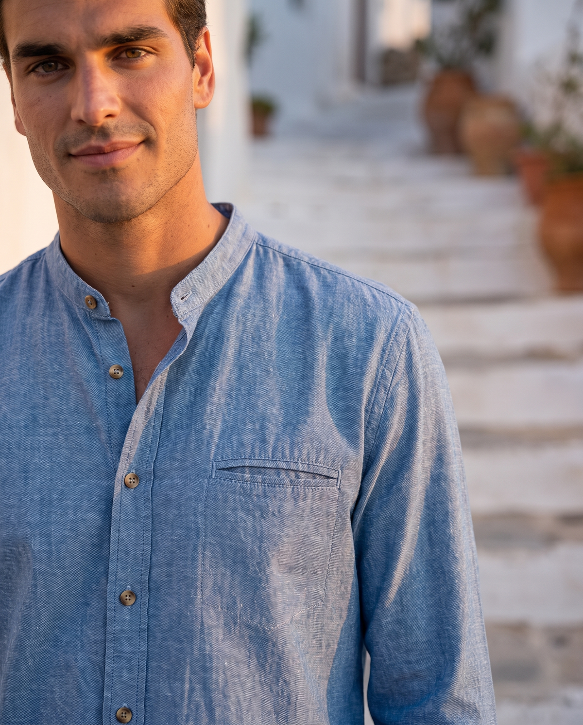 Camisa Chambray Índigo Mandarín