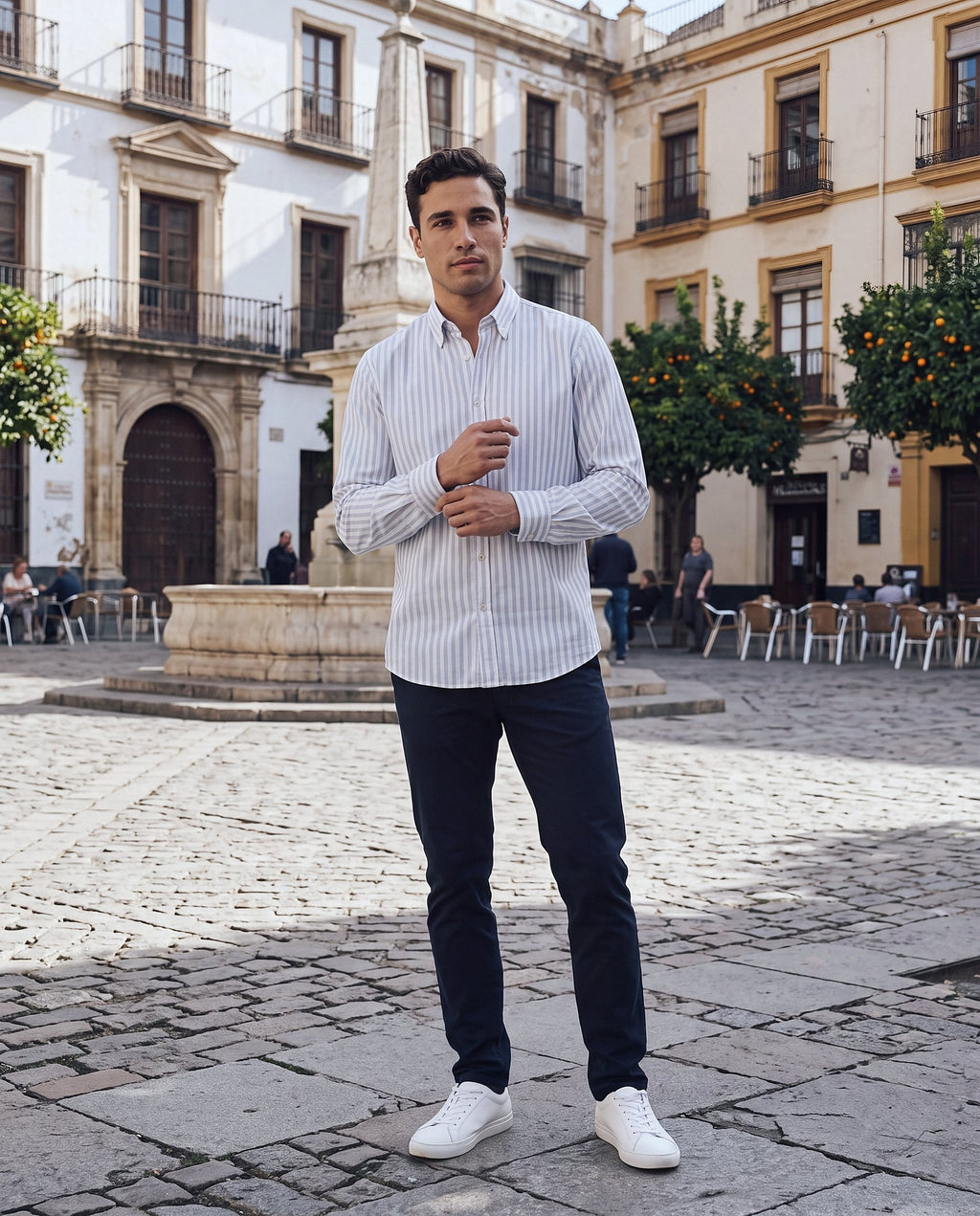 Camisa Levante celeste, modelo en la calle