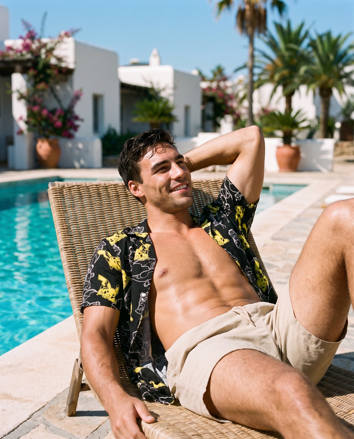 Hawaiana Pokémon en tumbona junto a la piscina