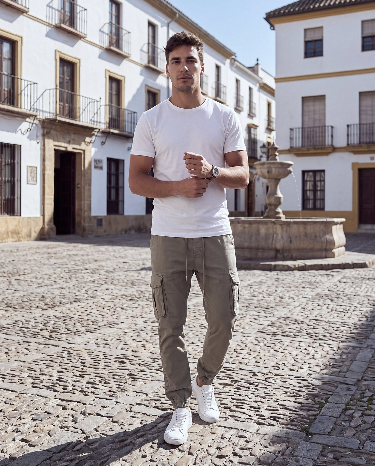 Pantalón Cargo Jogger Olivar verde caqui, modelo en la calle