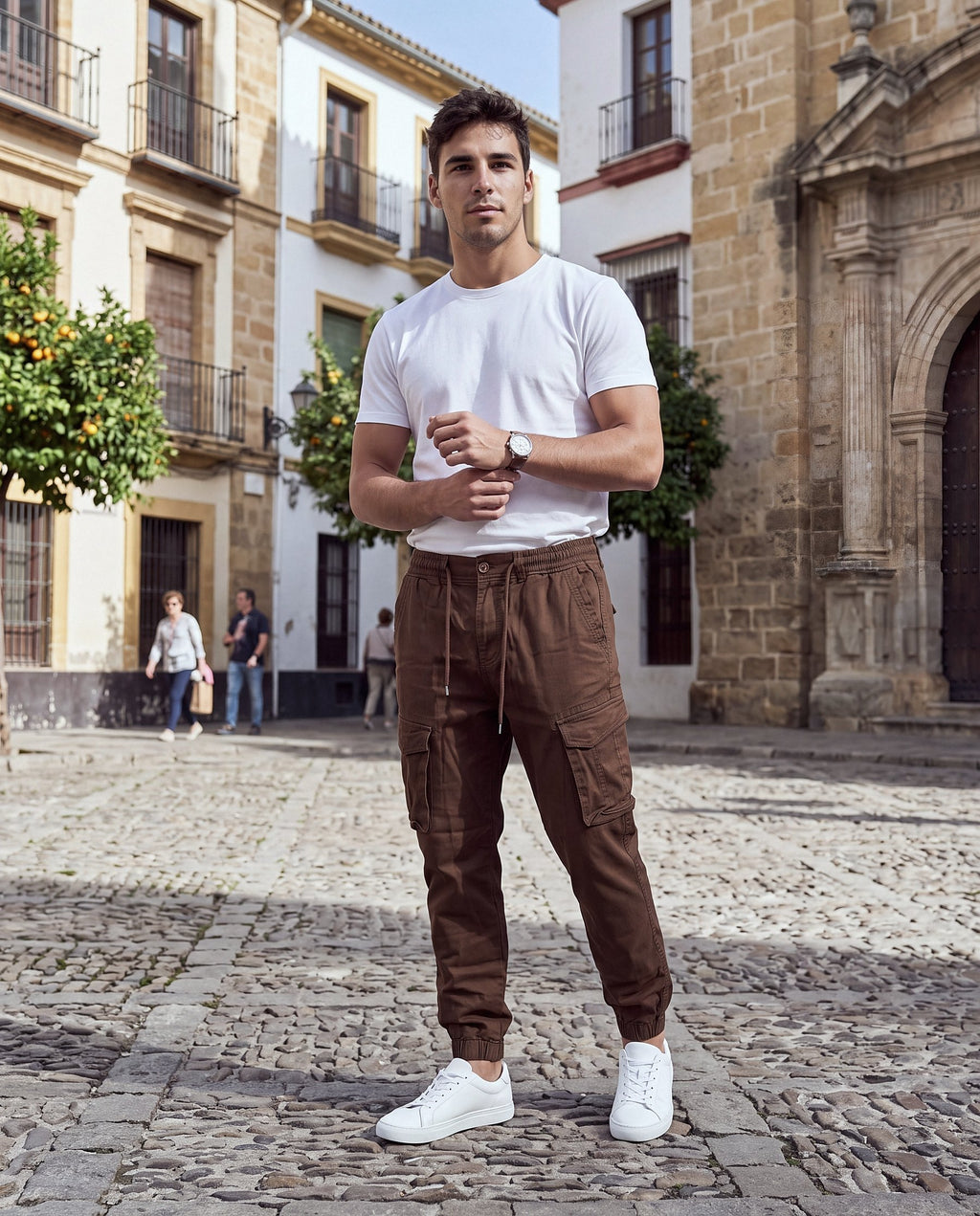 Pantalón Cargo Jogger Olivar marrón, modelo en la calle