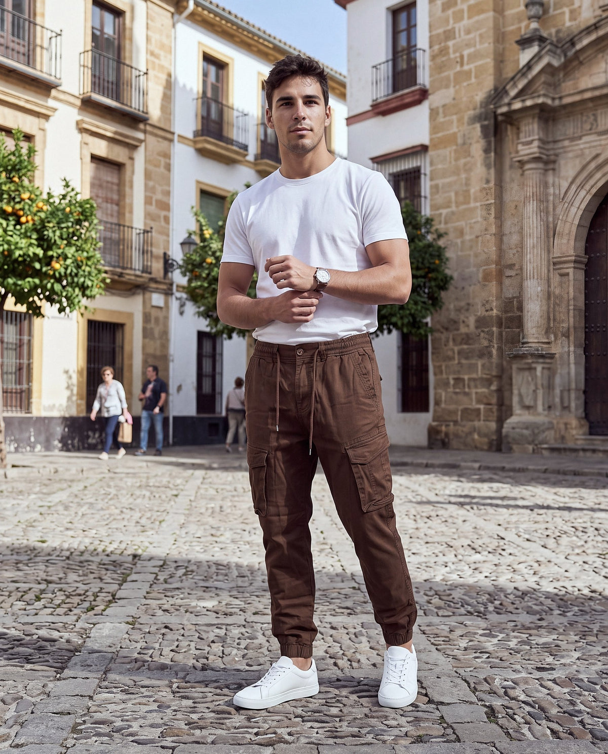 Pantalón Cargo Jogger Olivar marrón, modelo en la calle