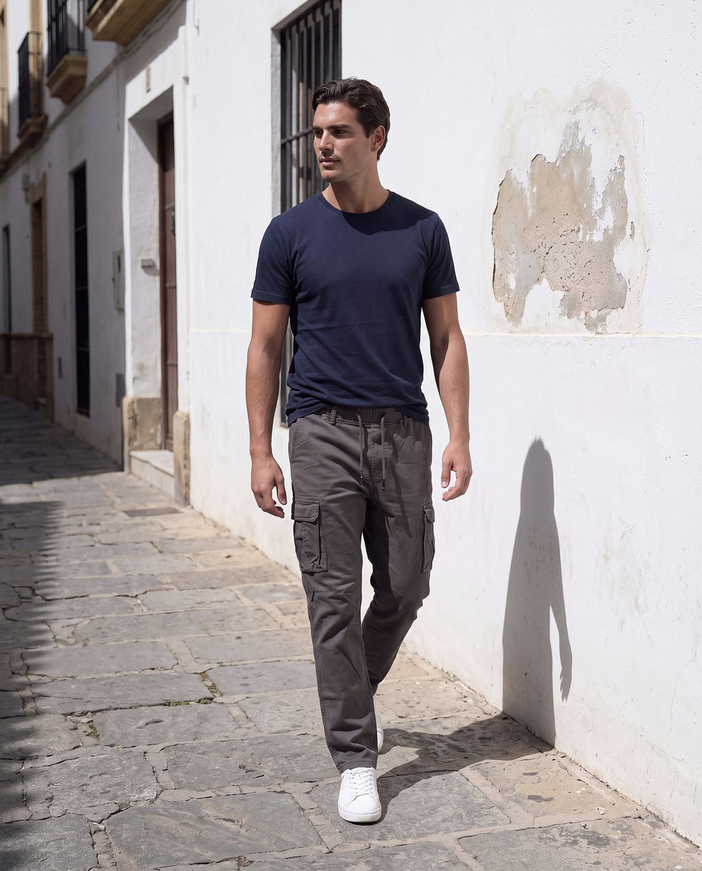 Pantalón Cargo Recto Sierra gris oscuro, modelo en la calle