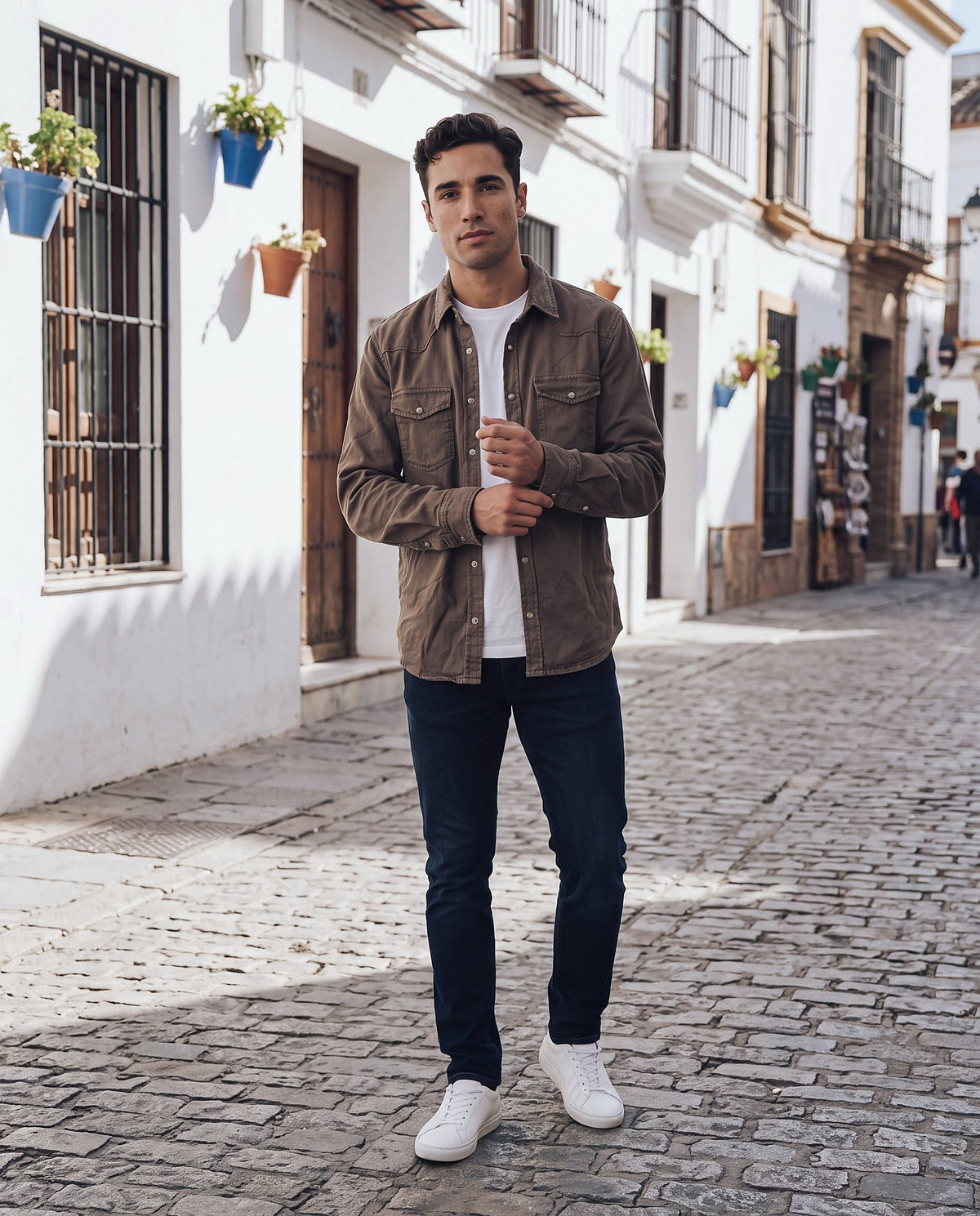 Sobrecamisa Albero marrón, modelo en la calle