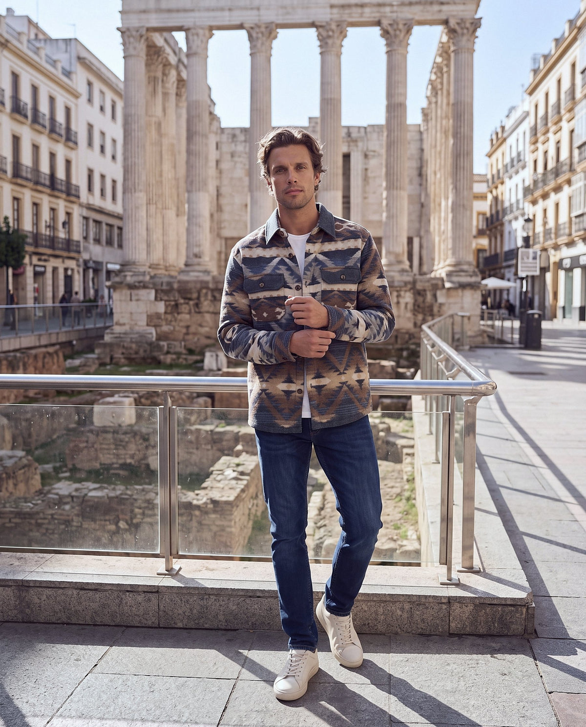 Sobrecamisa Azahara jacquard azul y marrón, modelo en la calle